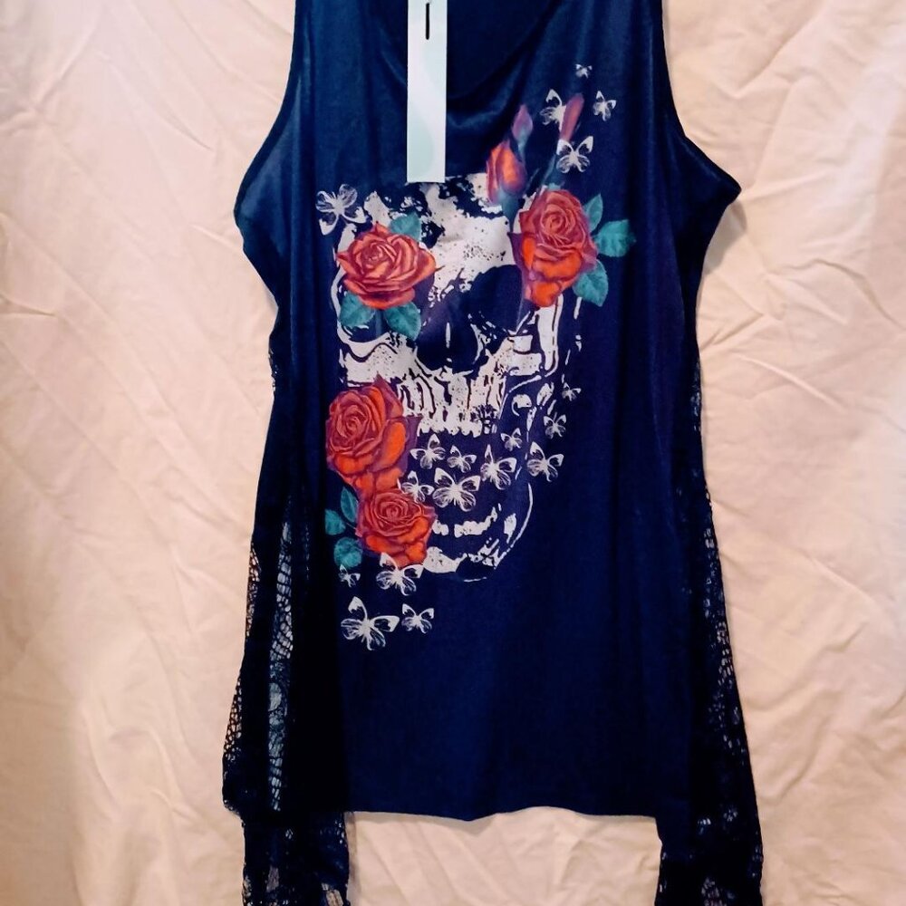 NEW 📌Dressfo Asymmetrical Long Skull Print Gothic Tee Top & Lace with Skulls XL